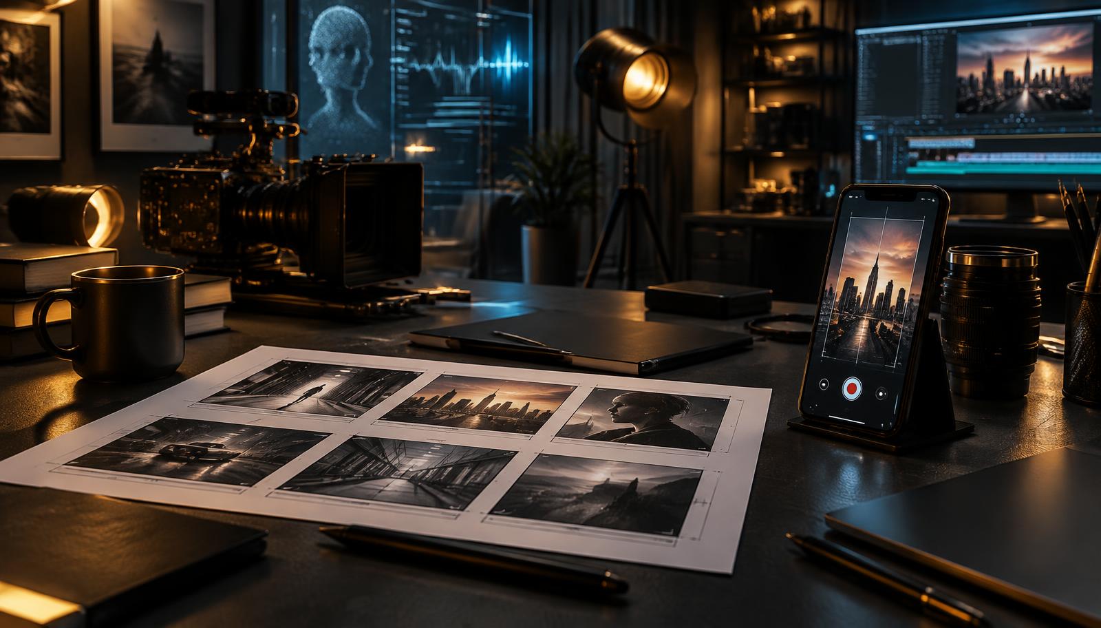 Filmové studio se storyboardem, kamerou a telefonem při přípravě AI scénáře pro firemní video