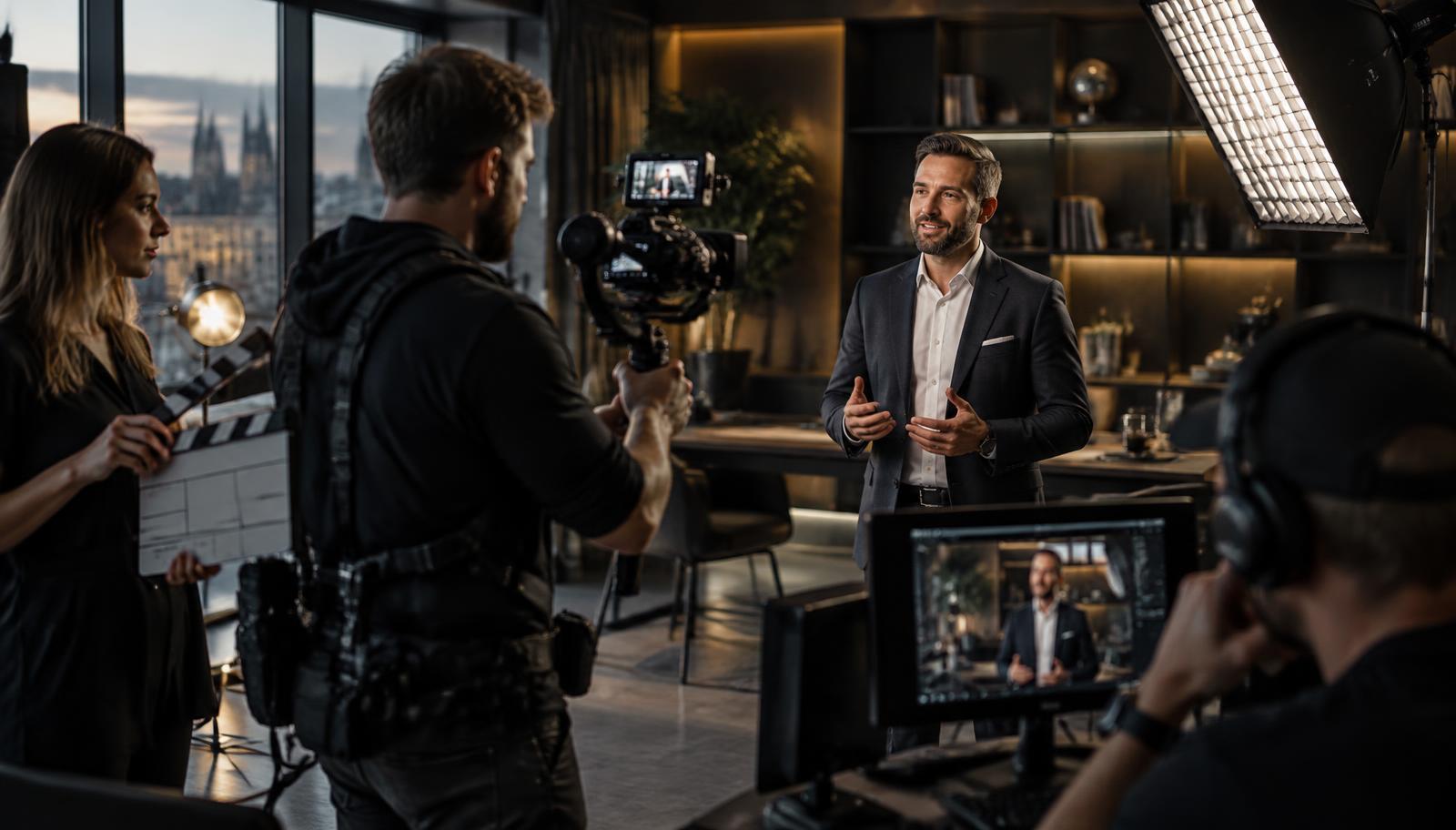 Profesionální tým natáčí firemní video s kamerou na gimbalu, světly a produkčním dohledem