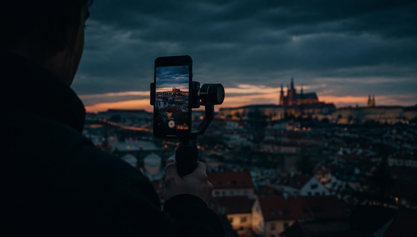 Videograf s telefonem na stabilizátoru natáčí panorama Prahy za soumraku