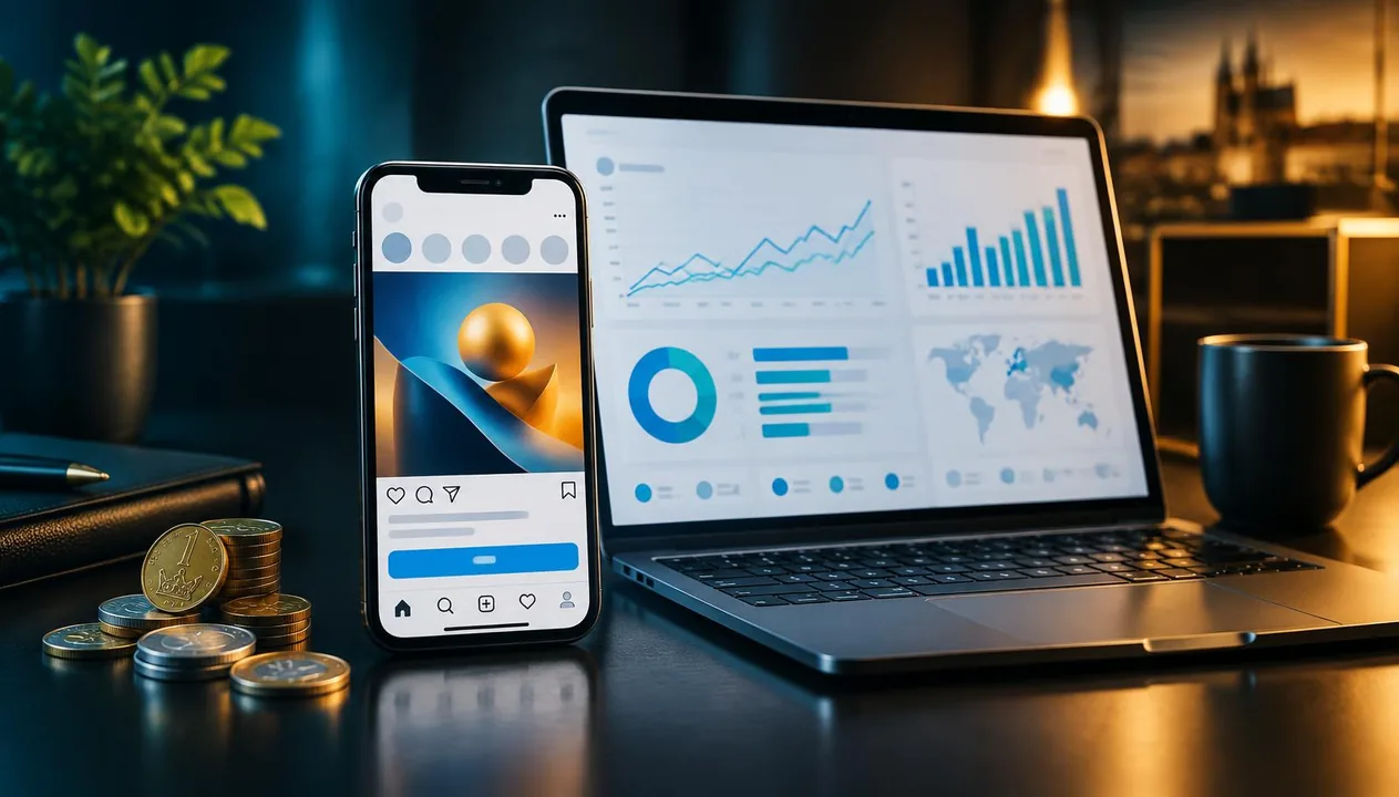 Telefon s instagramovou reklamou, analytika kampaně a české mince znázorňující rozpočet