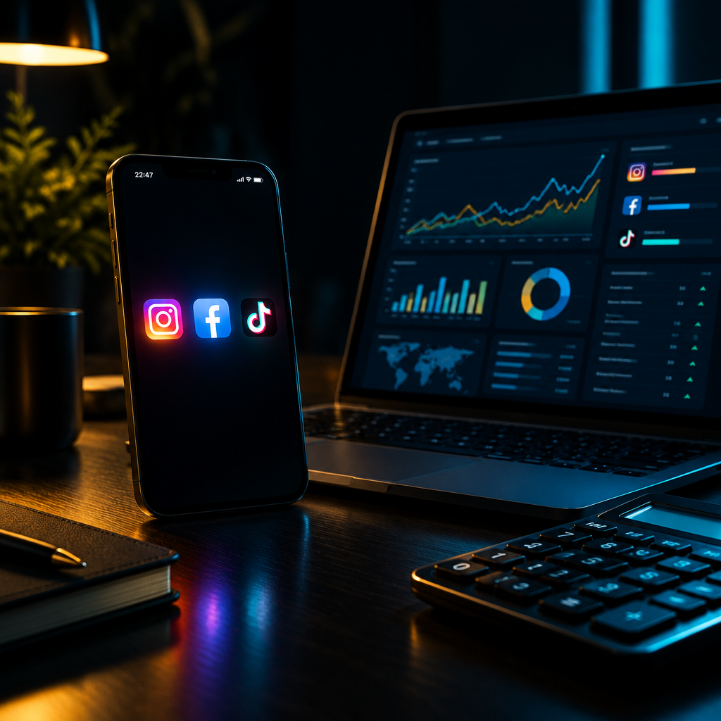 Telefon s ikonami Instagramu, Facebooku a TikToku vedle notebooku s přehledem statistik sociálních sítí